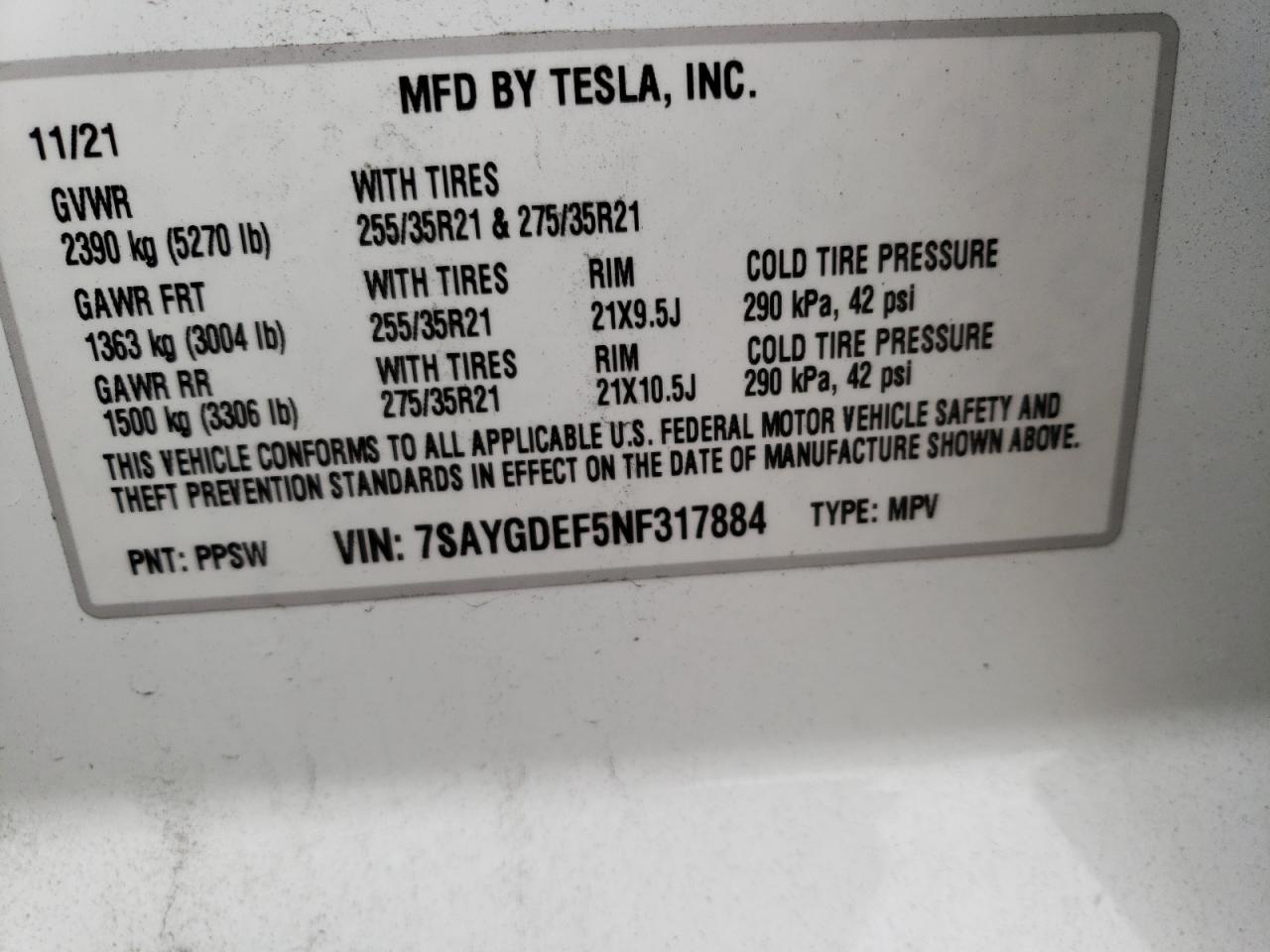 2022 TESLA MODEL Y VIN:7SAYGDEF5NF317884
