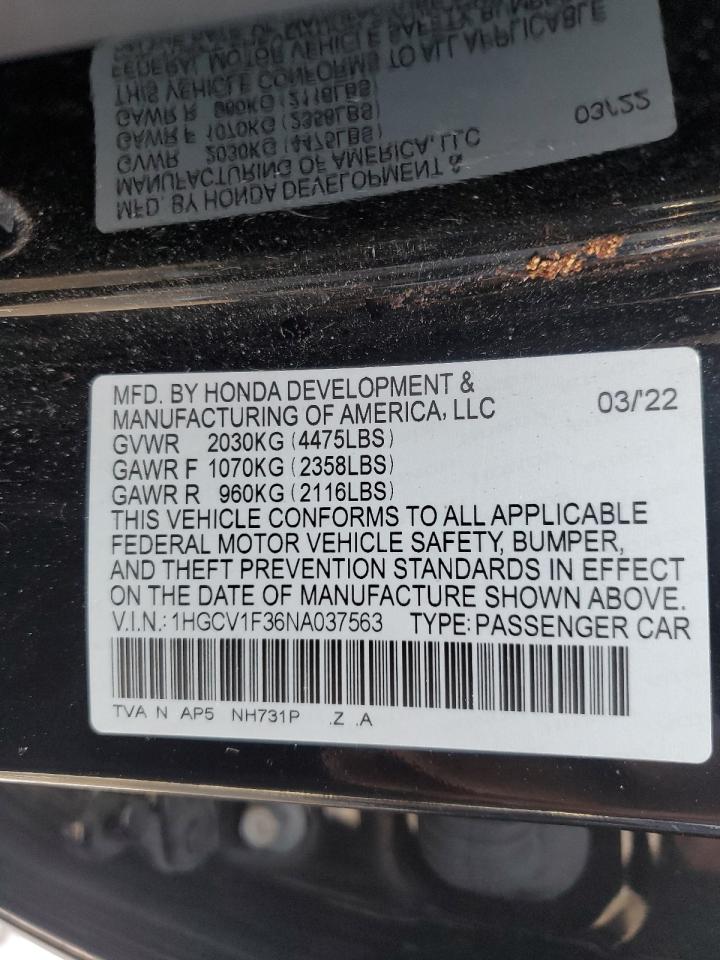 2022 HONDA ACCORD SPORT VIN:1HGCV1F36NA037563
