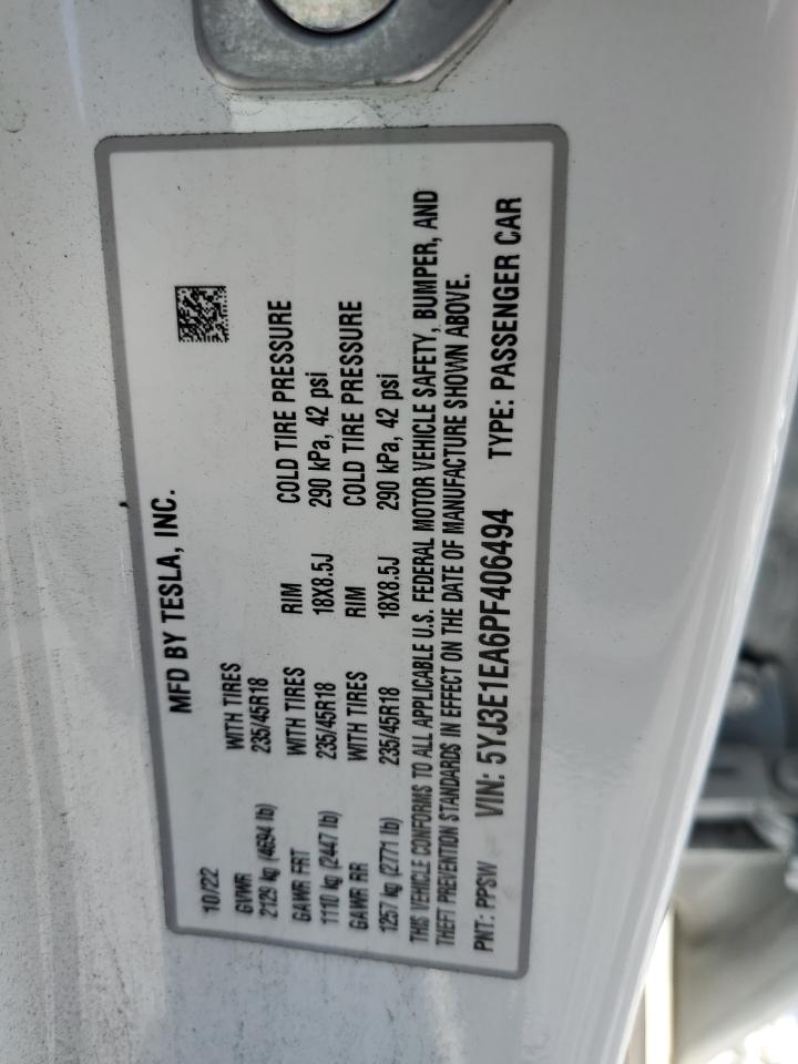 2023 TESLA MODEL 3 VIN:5YJ3E1EA6PF406494