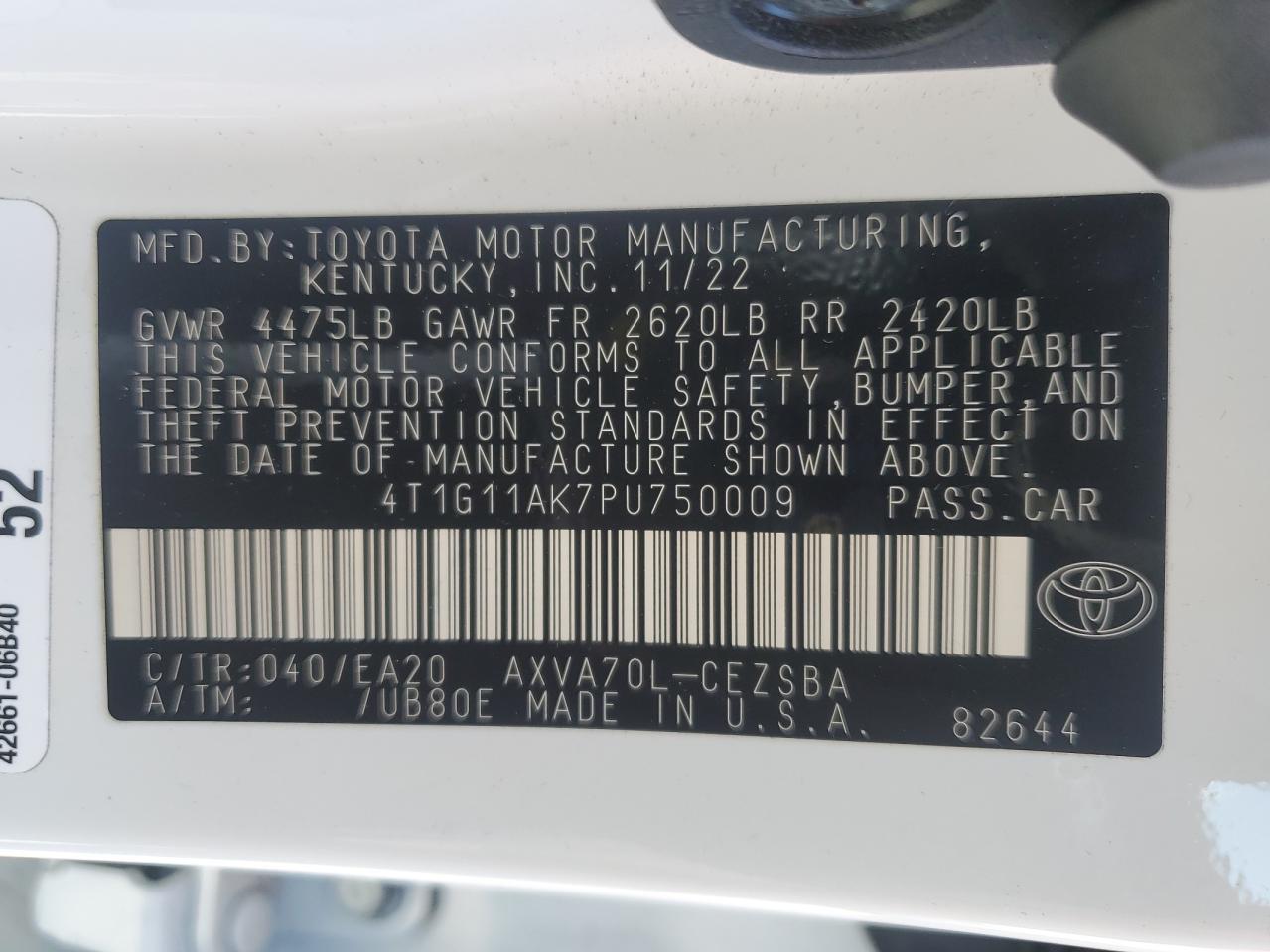 2023 TOYOTA CAMRY SE NIGHT SHADE VIN:4T1G11AK7PU750009