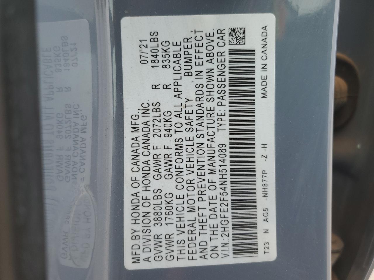 2022 HONDA CIVIC SPORT VIN:2HGFE2F54NH514089