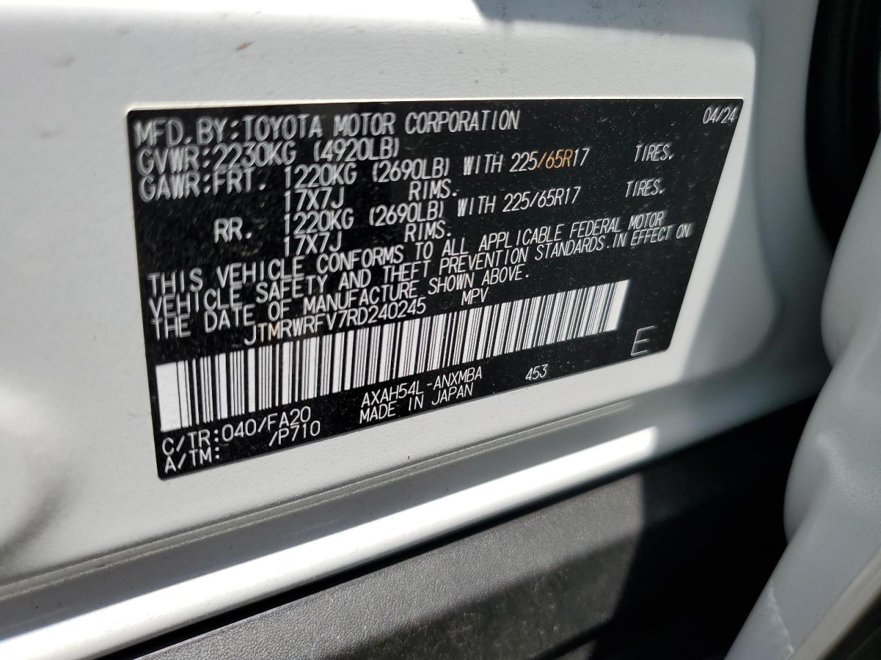 2024 TOYOTA RAV4 XLE VIN:JTMRWRFV7RD240245
