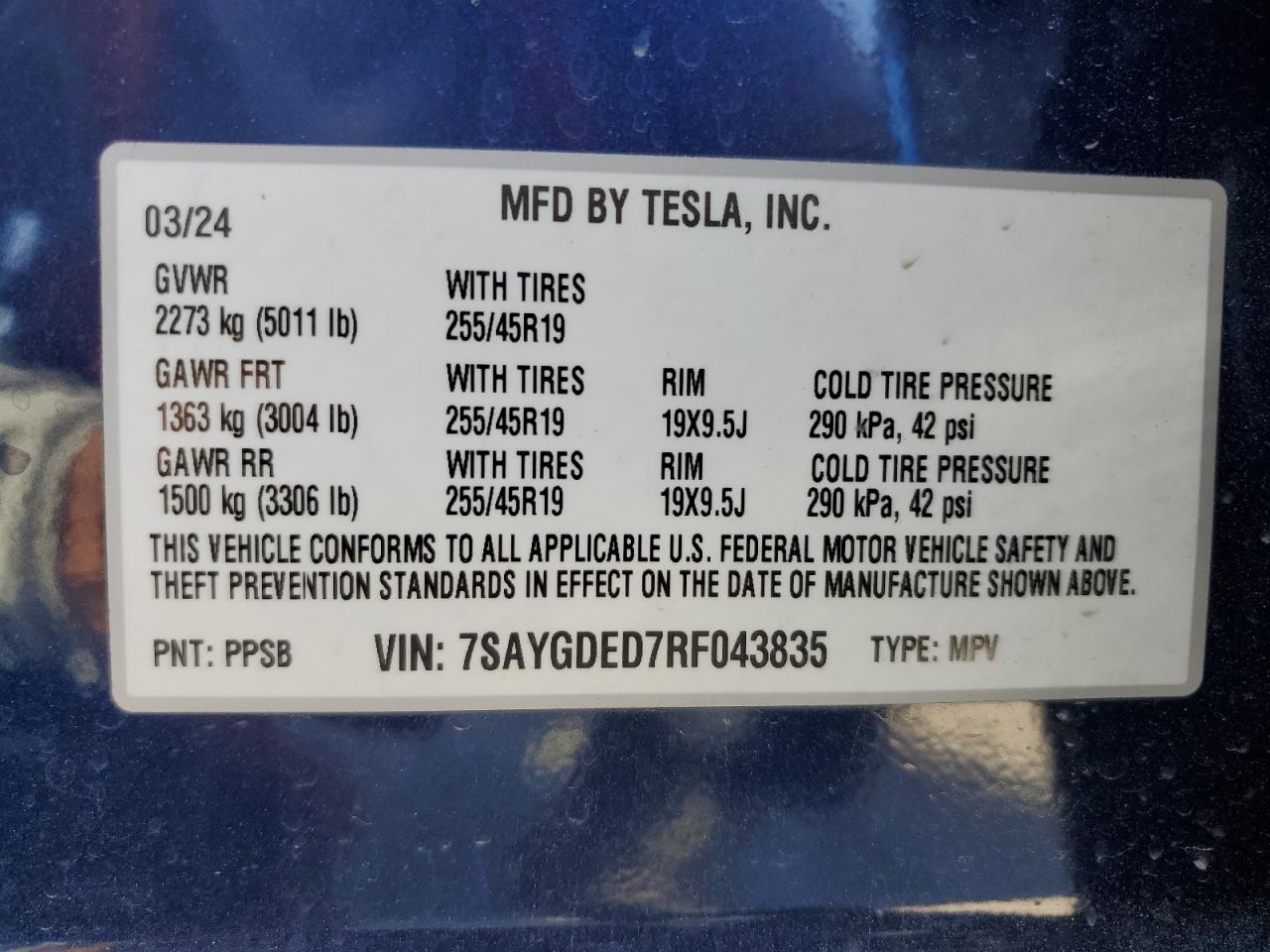 2024 TESLA MODEL Y VIN:7SAYGDED7RF043835