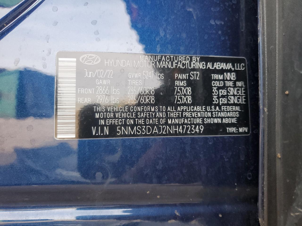 2022 HYUNDAI SANTA FE SEL VIN:5NMS3DAJ2NH472349