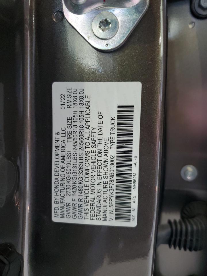 2022 HONDA RIDGELINE RTL VIN:5FPYK3F78NB013002