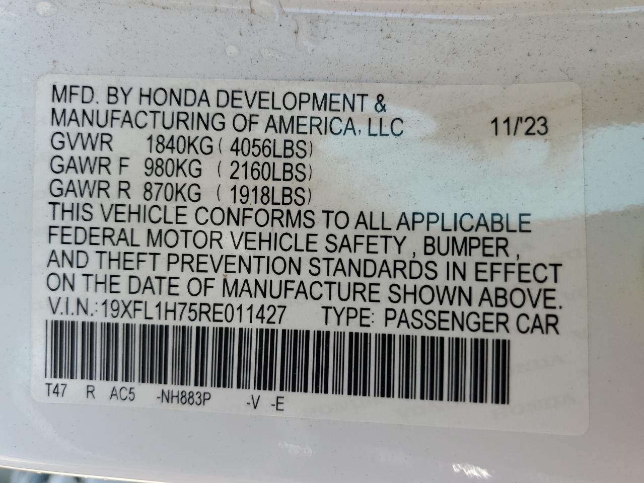 2024 HONDA CIVIC EXL VIN:19XFL1H75RE011427