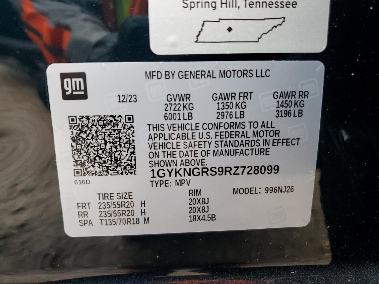 2024 CADILLAC XT5 SPORT VIN:1GYKNGRS9RZ728099