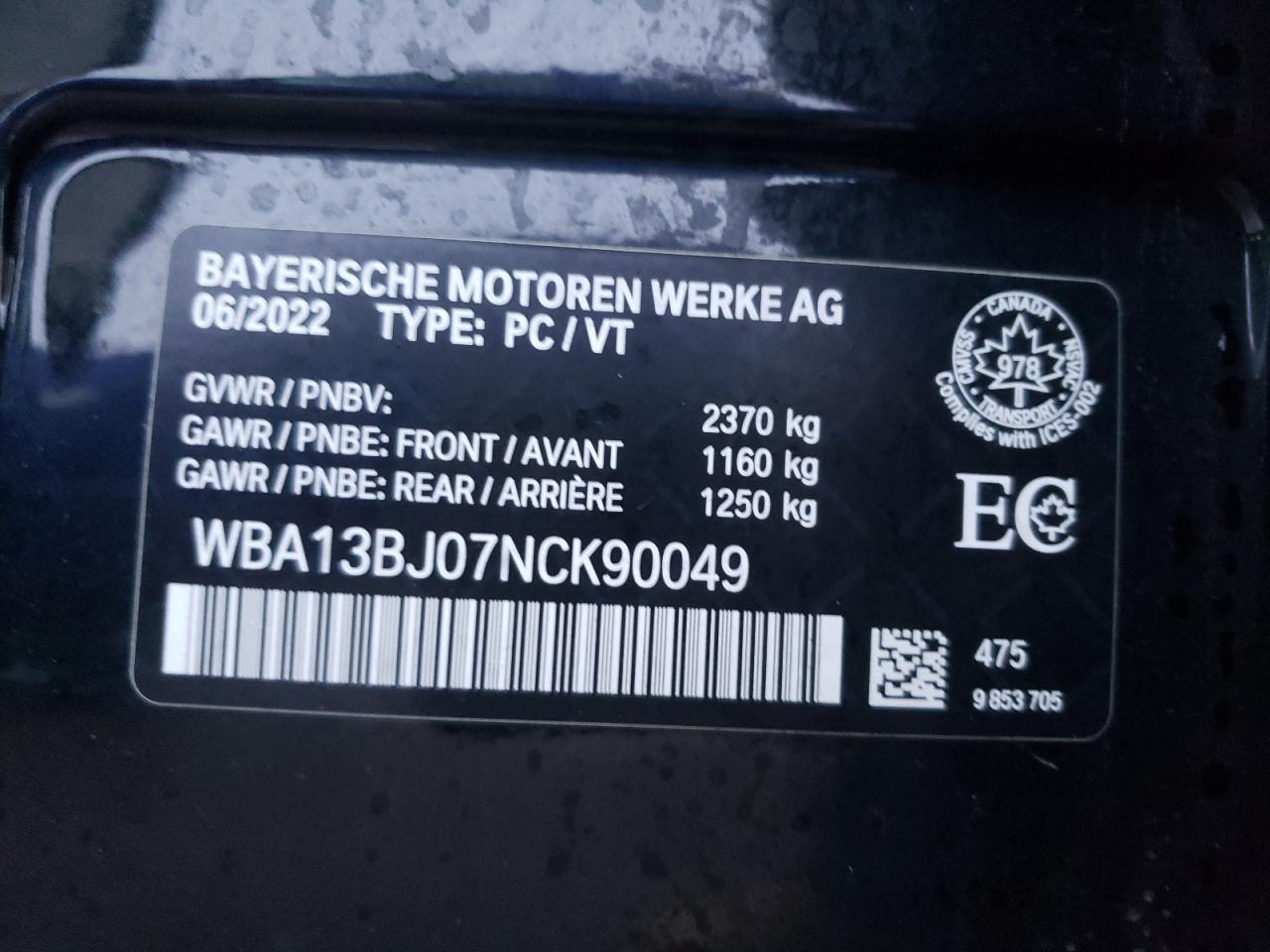 2022 BMW 530 XI VIN:WBA13BJ07NCK90049