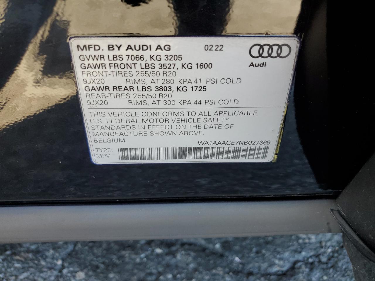 2022 AUDI E-TRON PREMIUM VIN:WA1AAAGE7NB027369