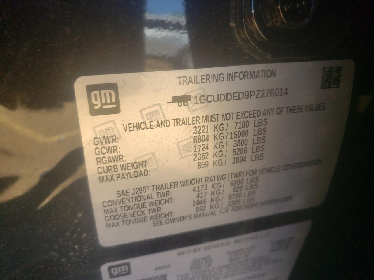 2023 CHEVROLET SILVERADO K1500 LT VIN:1GCUDDED9PZ276014