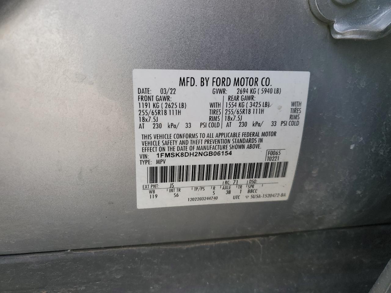 2022 FORD EXPLORER XLT VIN:1FMSK8DH2NGB06154