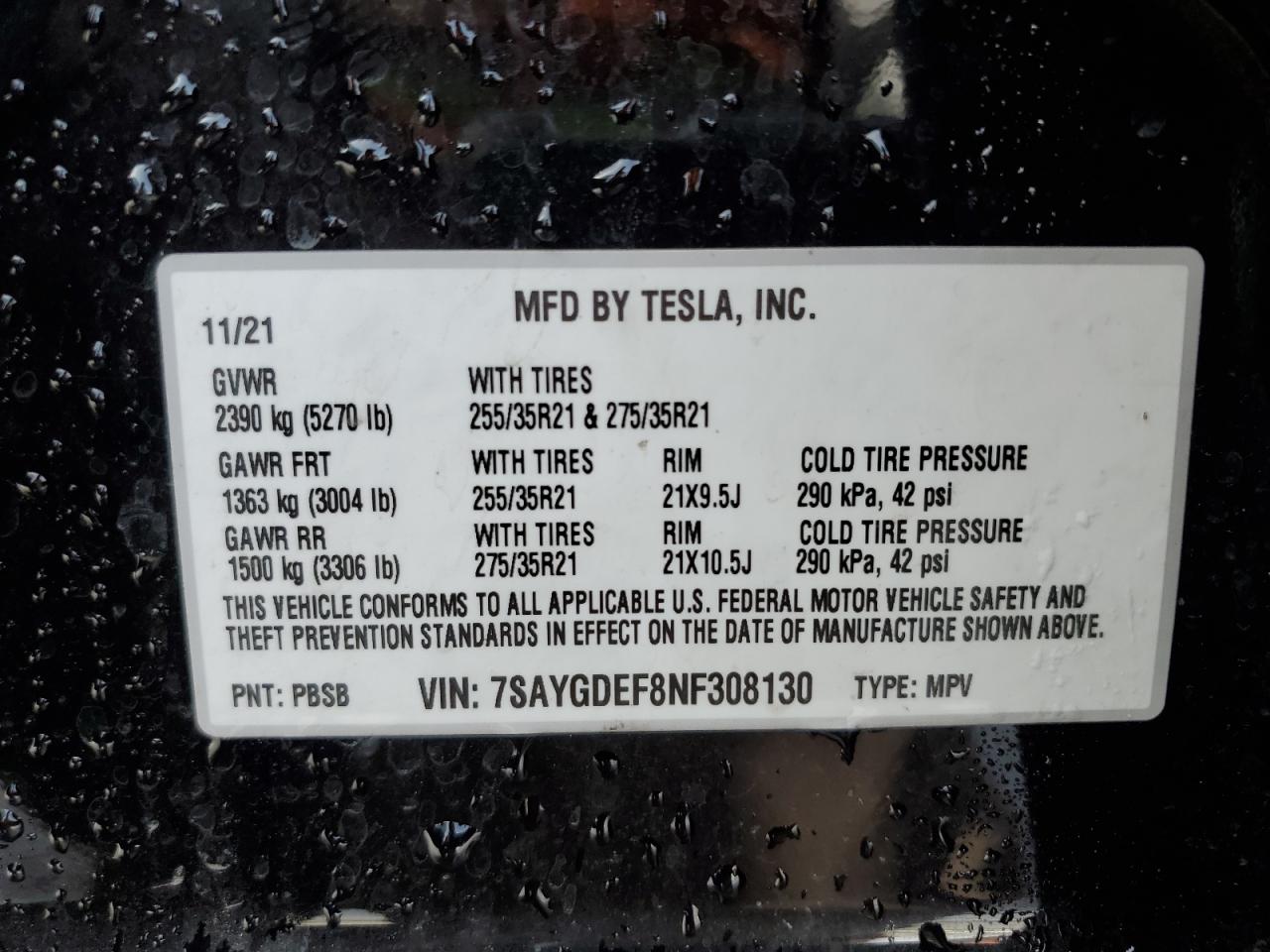 2022 TESLA MODEL Y VIN:7SAYGDEF8NF308130
