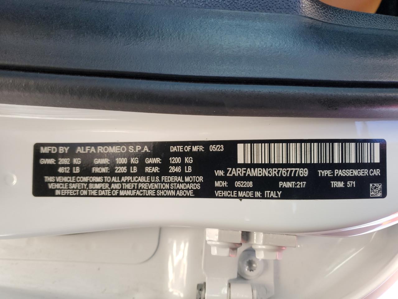 2024 ALFA ROMEO GIULIA TI VIN:ZARFAMBN3R7677769