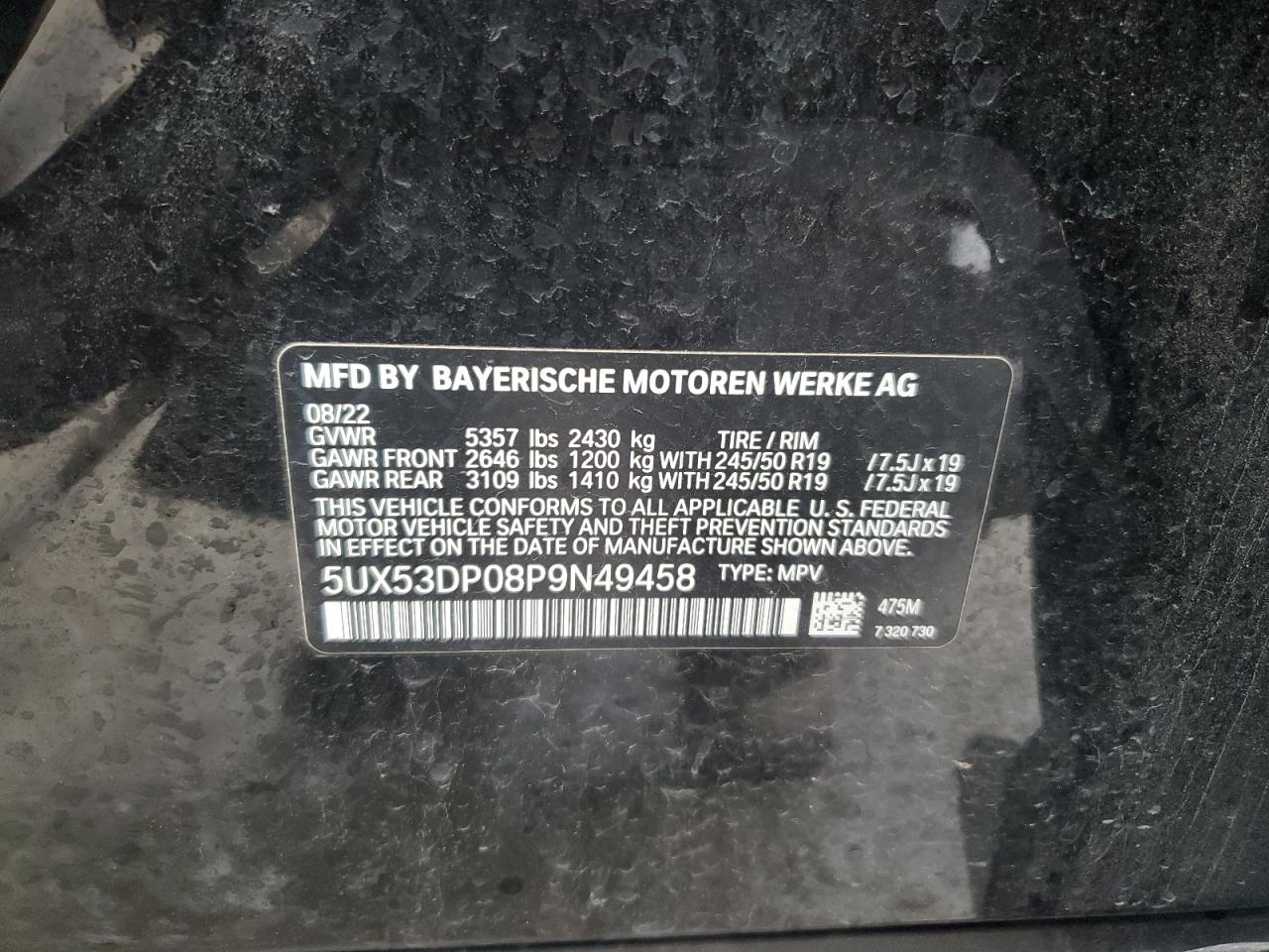 2023 BMW X3 XDRIVE30I VIN:5UX53DP08P9N49458