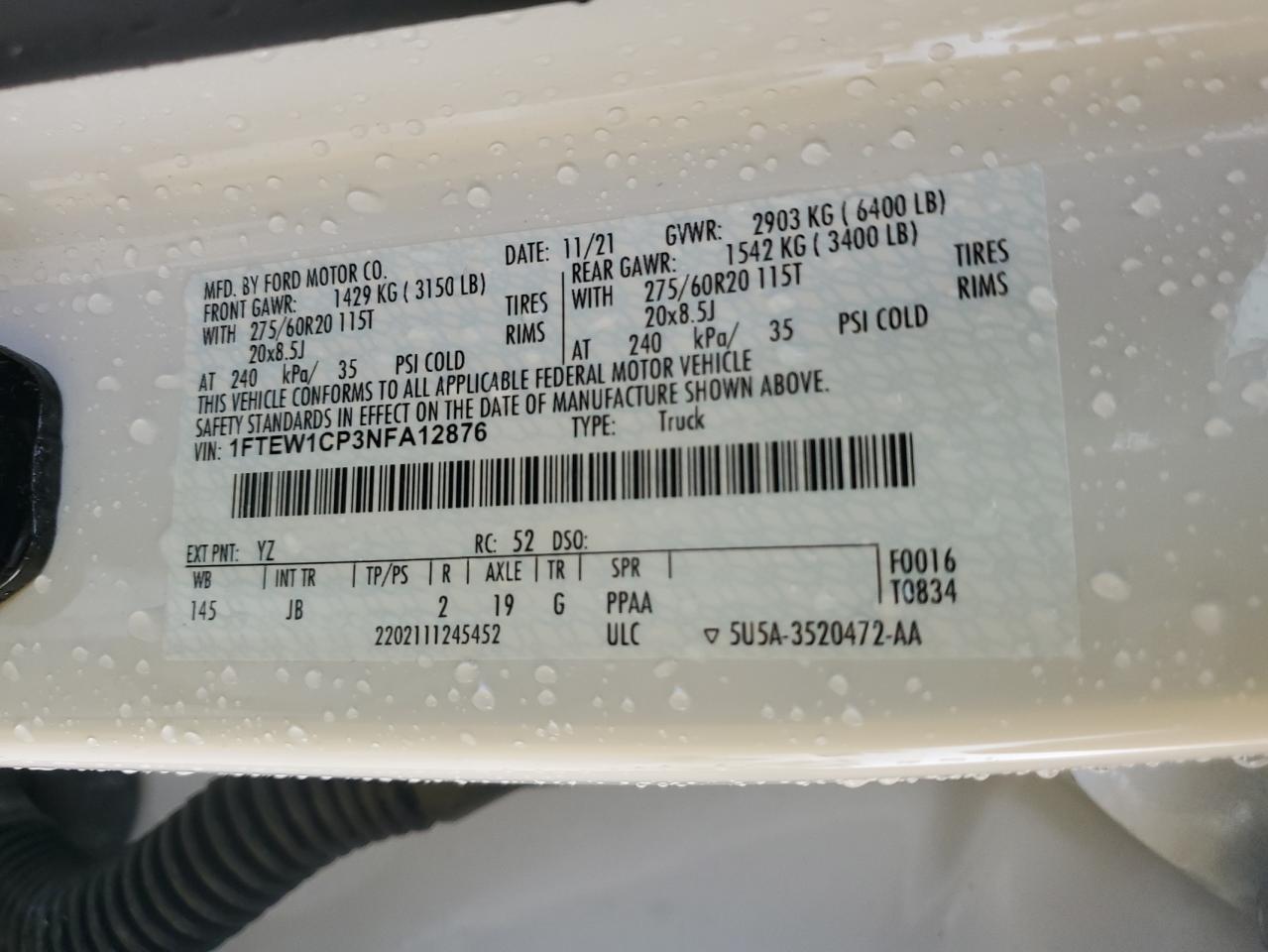 2022 FORD F150 SUPERCREW VIN:1FTEW1CP3NFA12876