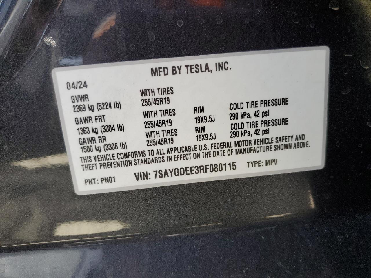 2024 TESLA MODEL Y VIN:7SAYGDEE3RF080115