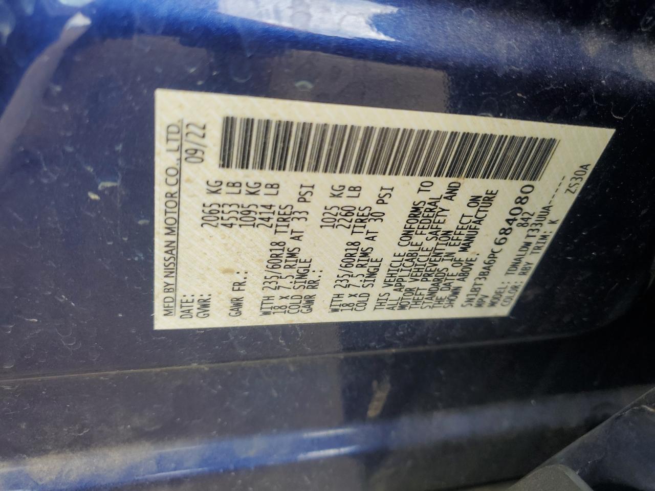 2023 NISSAN ROGUE SV VIN:5N1BT3BA6PC684080