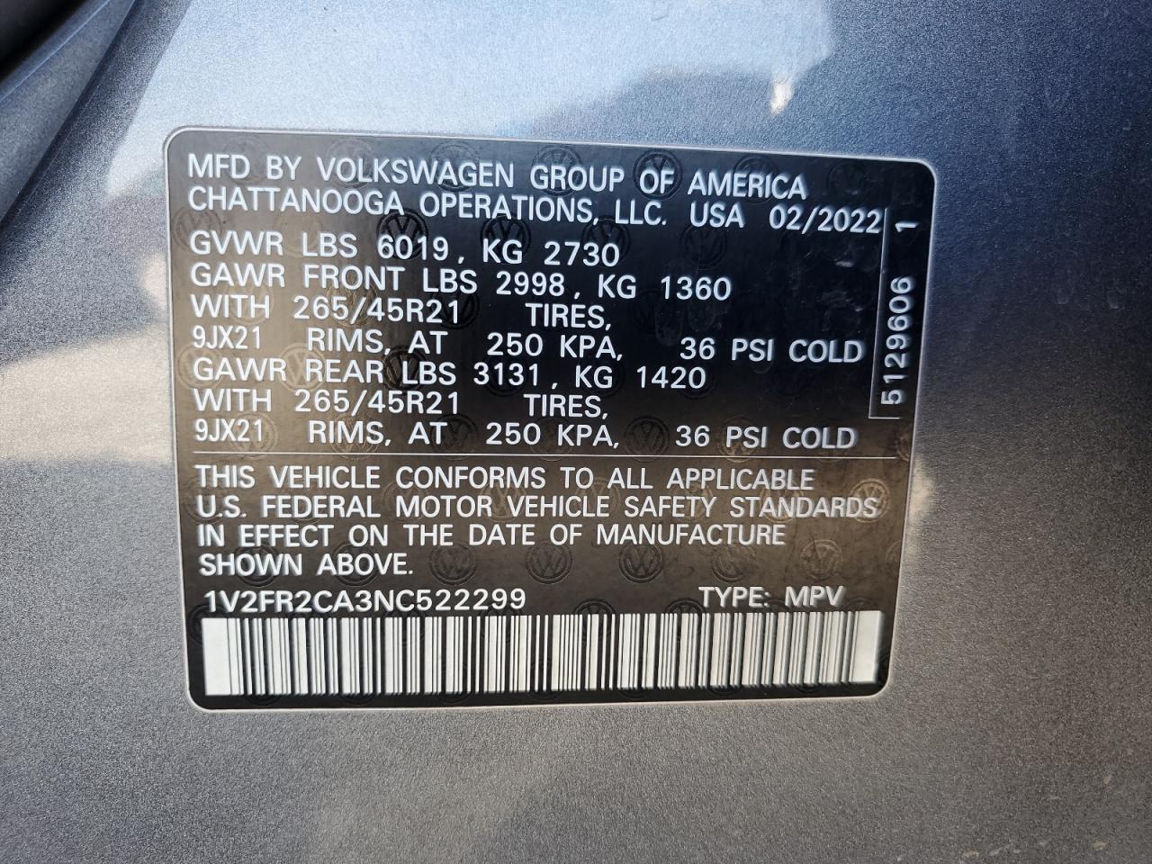 2022 VOLKSWAGEN ATLAS SEL PREMIUM R-LINE VIN:1V2FR2CA3NC522299