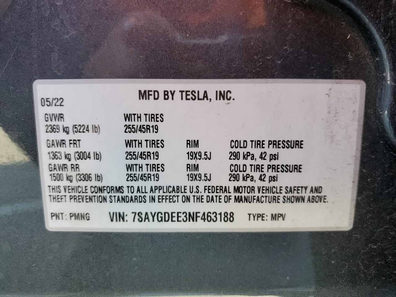 2022 TESLA MODEL Y VIN:7SAYGDEE3NF463188