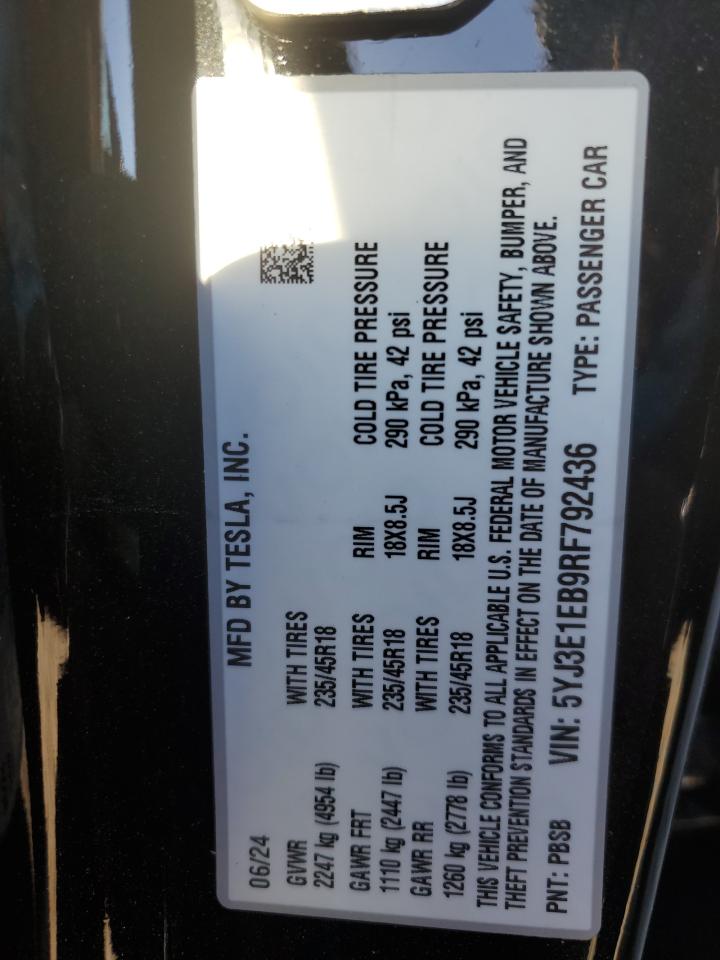 2024 TESLA MODEL 3 VIN:5YJ3E1EB9RF792436