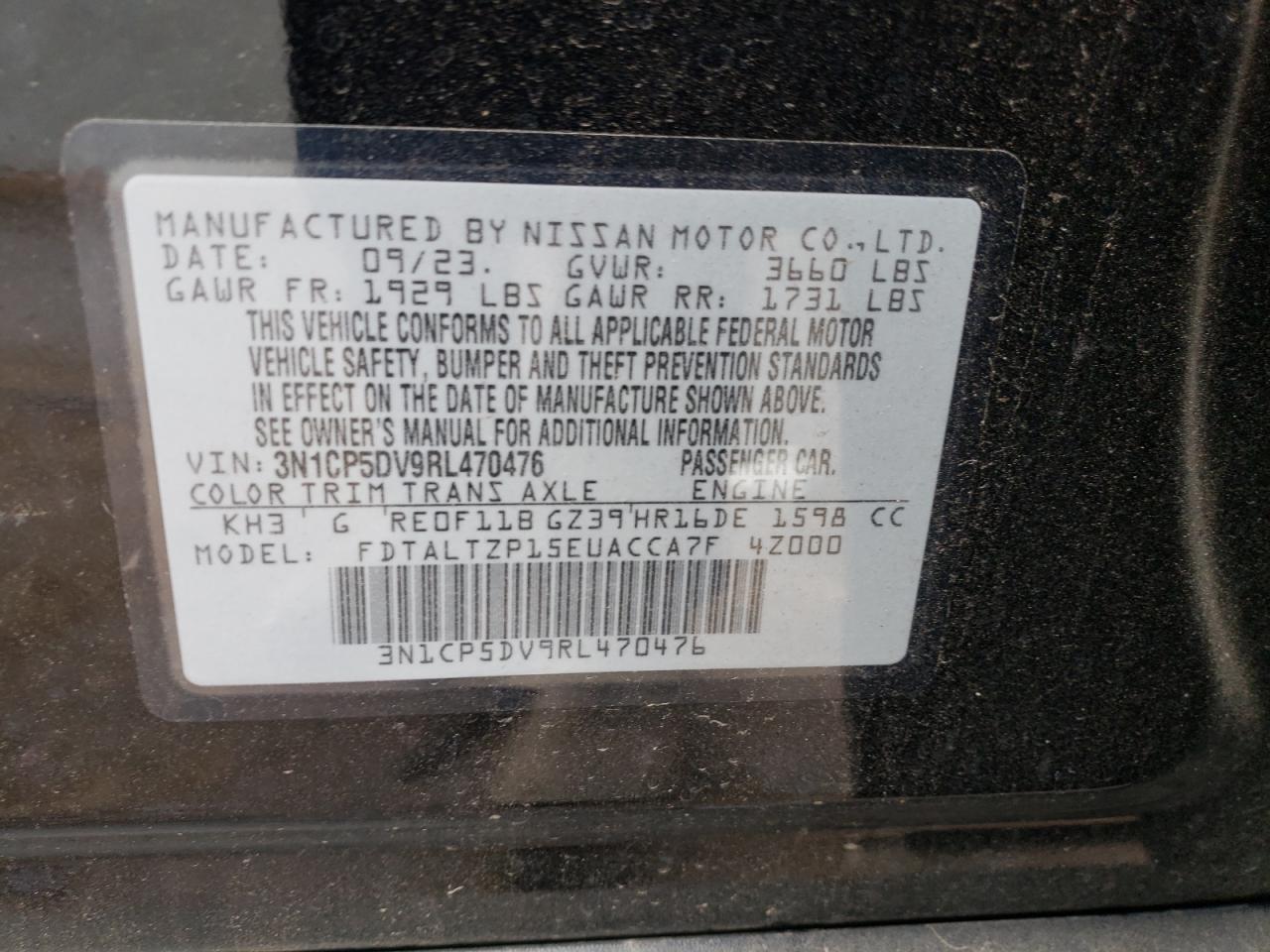 2024 NISSAN KICKS SR VIN:3N1CP5DV9RL470476