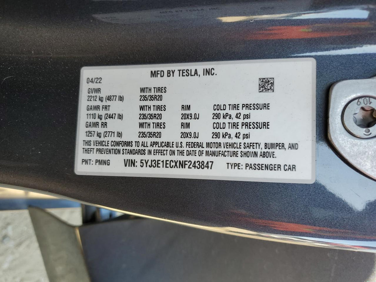 2022 TESLA MODEL 3 VIN:5YJ3E1ECXNF243847