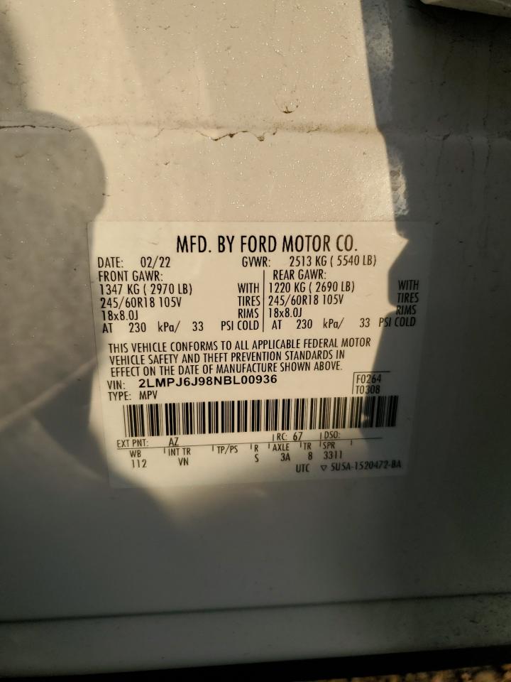 2022 LINCOLN NAUTILUS VIN:2LMPJ6J98NBL00936