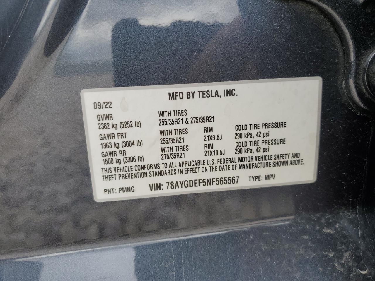 2022 TESLA MODEL Y VIN:7SAYGDEF5NF565567