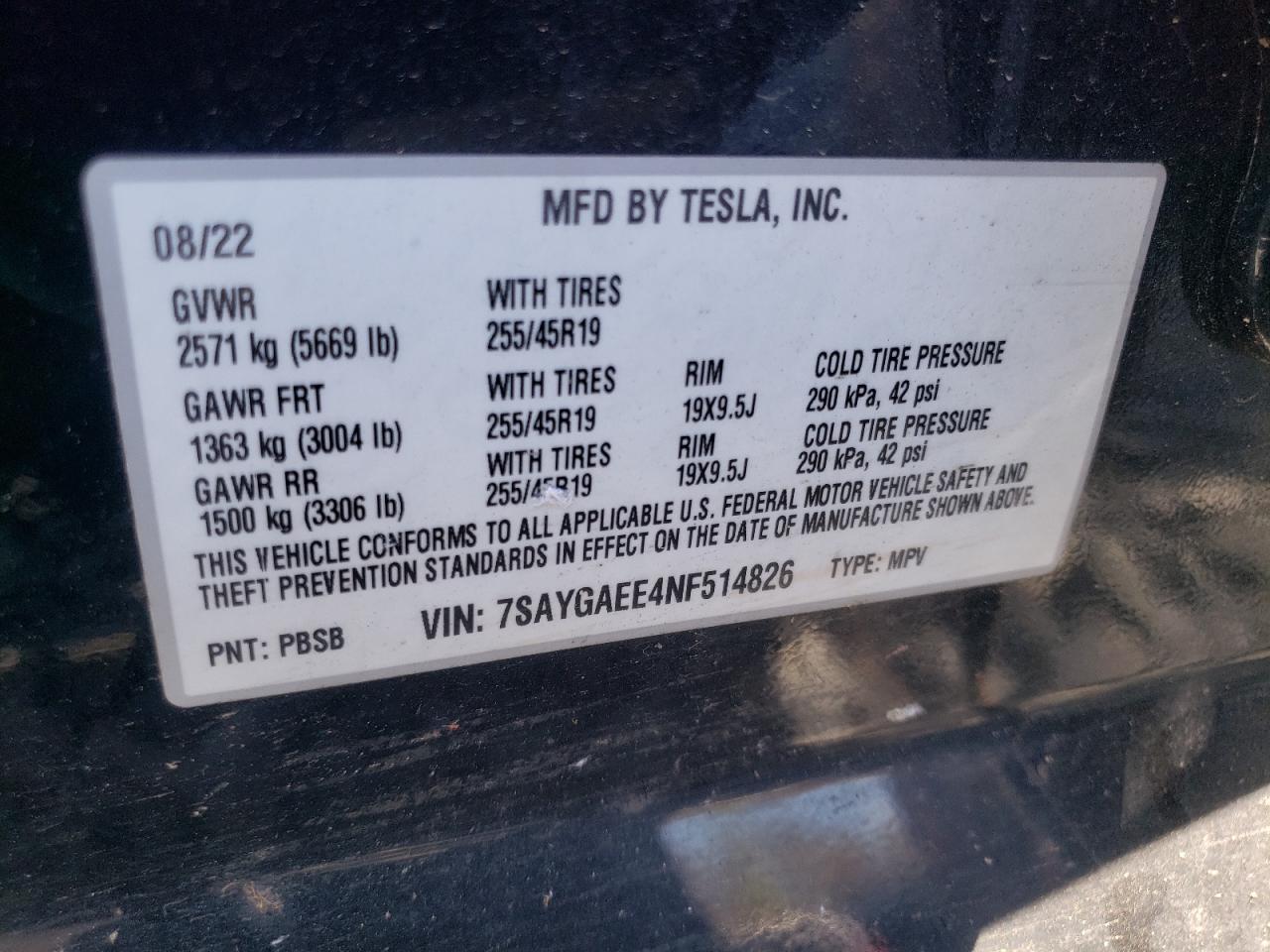 2022 TESLA MODEL Y VIN:7SAYGAEE4NF514826