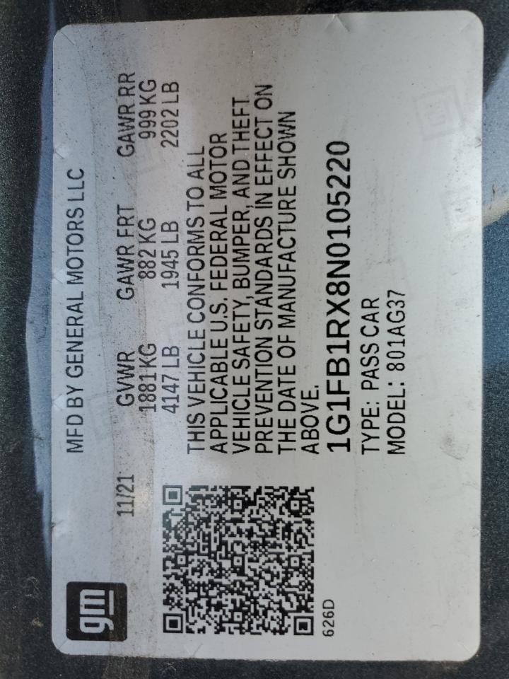 2022 CHEVROLET CAMARO LS VIN:1G1FB1RX8N0105220