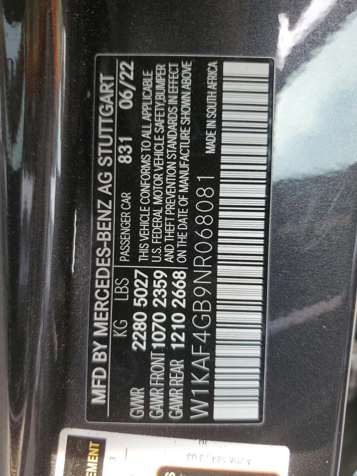 2022 MERCEDES-BENZ C 300 VIN:W1KAF4GB9NR068081