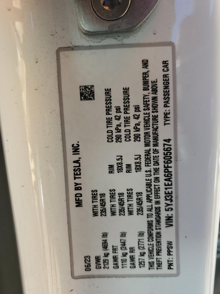 2023 TESLA MODEL 3 VIN:5YJ3E1EA6PF605674
