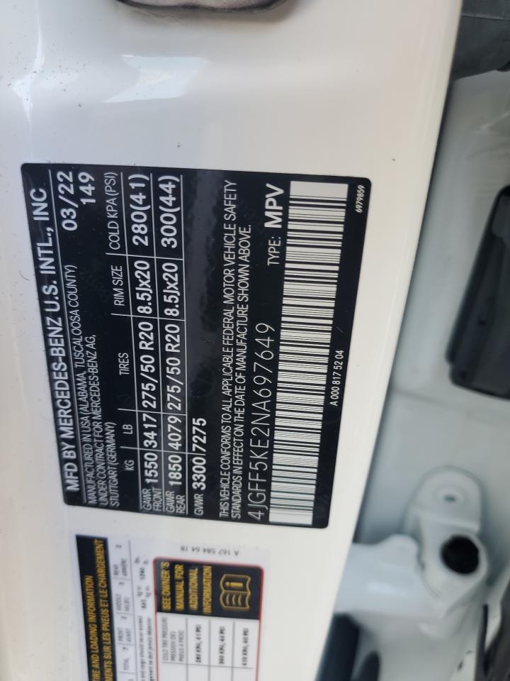 2022 MERCEDES-BENZ GLS 450 4MATIC VIN:4JGFF5KE2NA697649