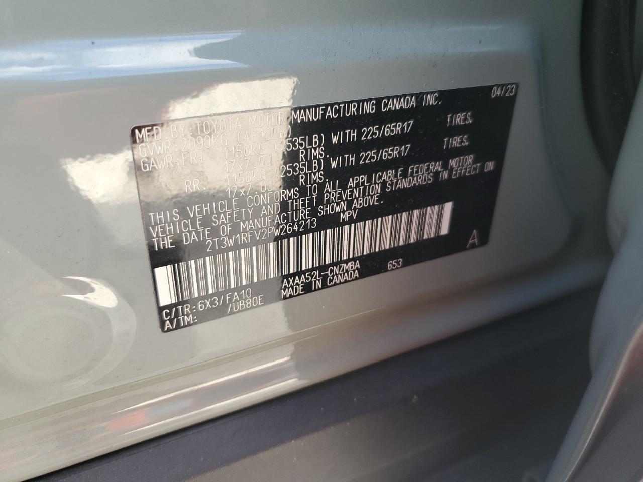 2023 TOYOTA RAV4 XLE VIN:2T3W1RFV2PW264213