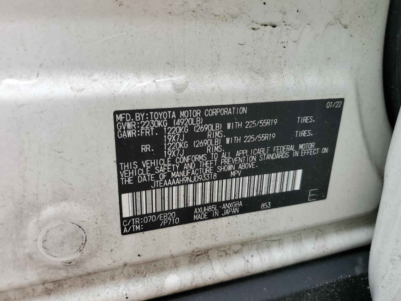 2022 TOYOTA VENZA LE VIN:JTEAAAAH9NJ093318