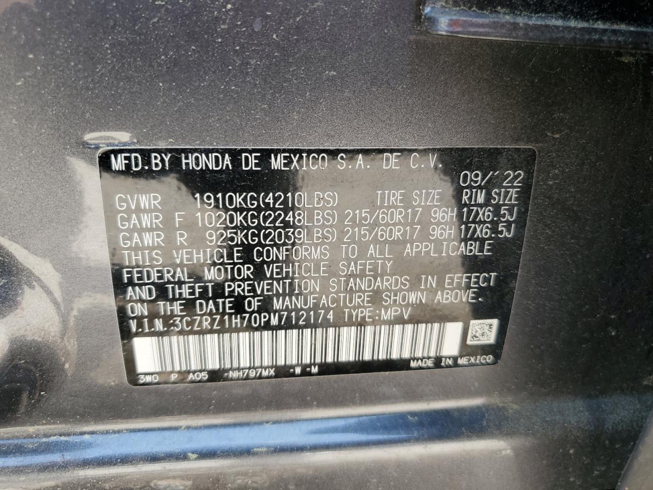 2023 HONDA HR-V EXL VIN:3CZRZ1H70PM712174