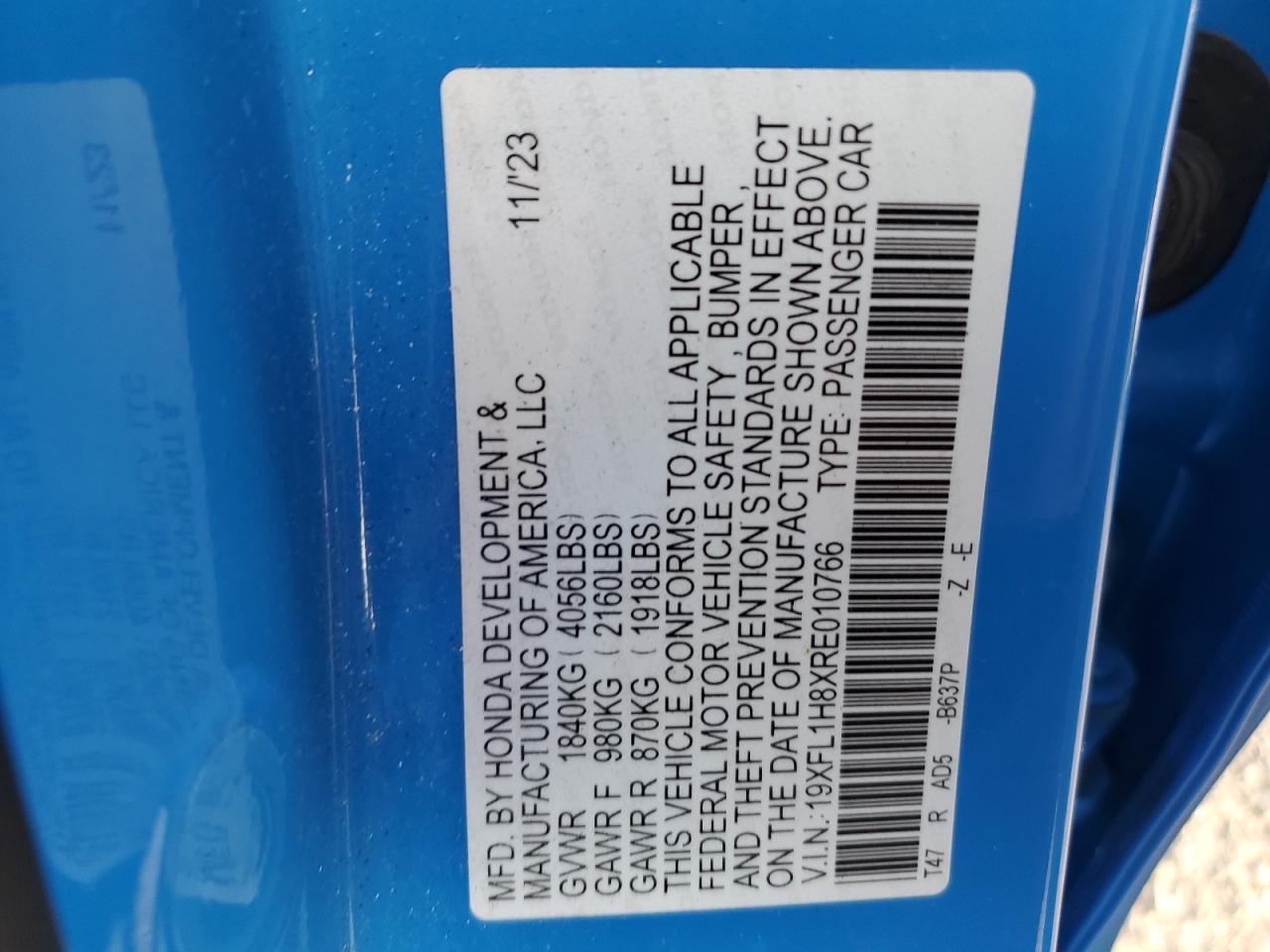 2024 HONDA CIVIC SPORT TOURING VIN:19XFL1H8XRE010766