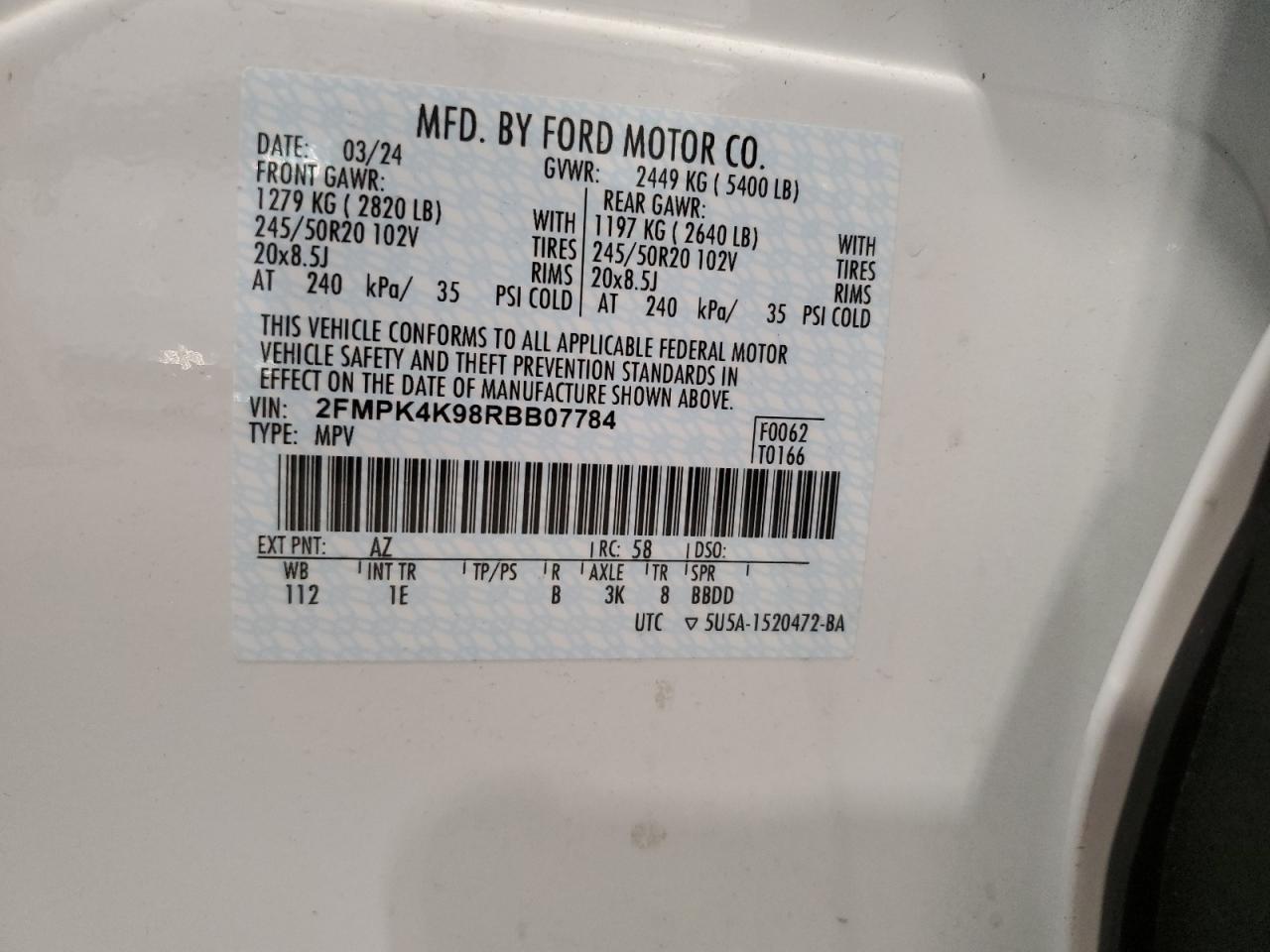 2024 FORD EDGE TITANIUM VIN:WP0AA2A8XNS255297