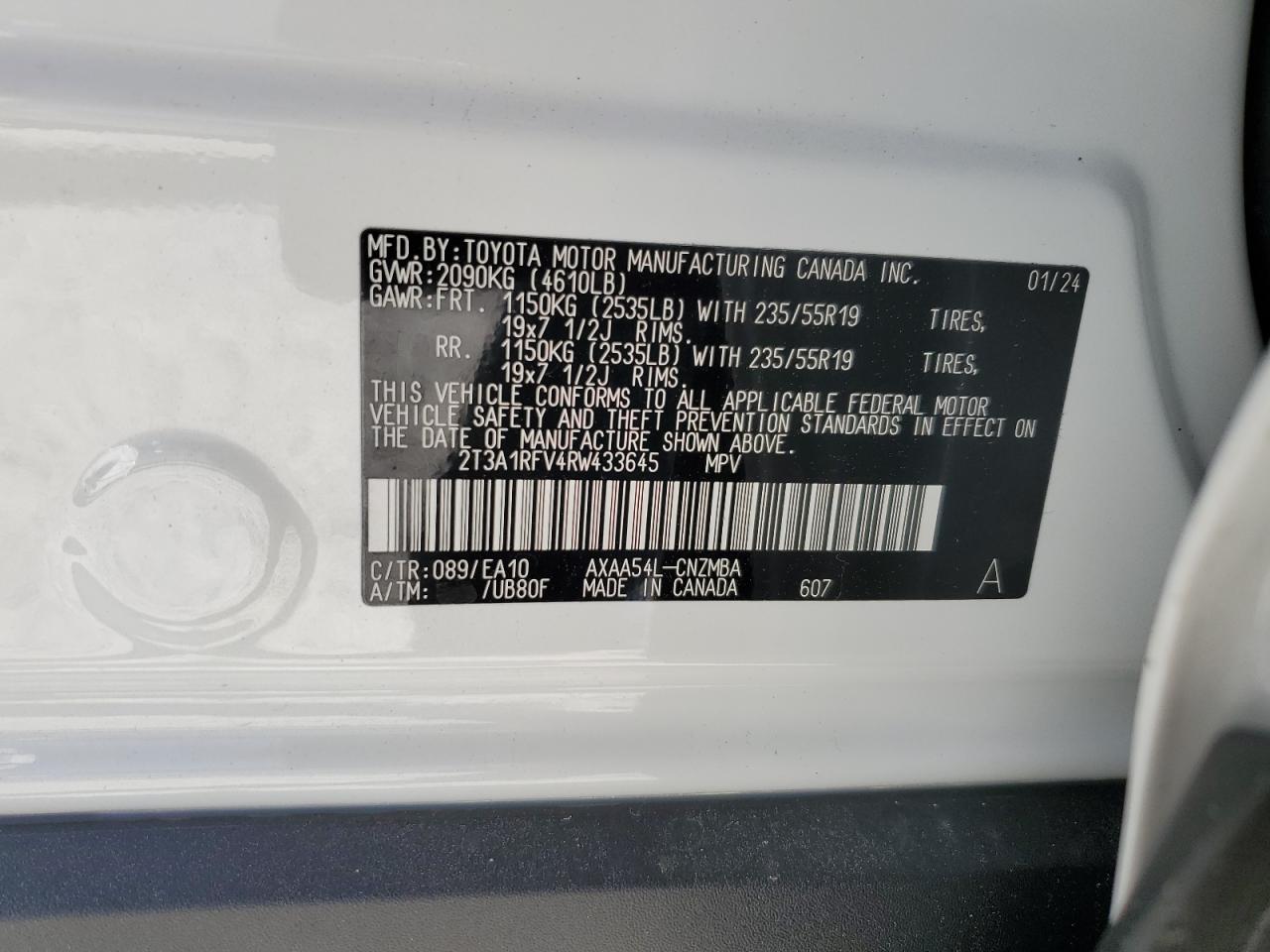 2024 TOYOTA RAV4 XLE PREMIUM VIN:2T3A1RFV4RW433645