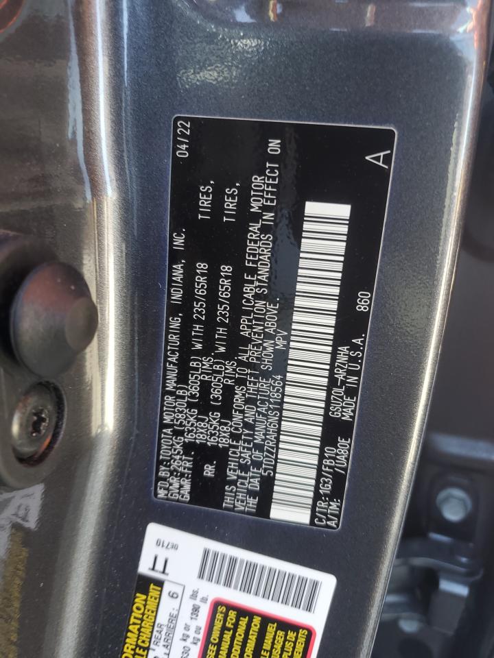 2022 TOYOTA HIGHLANDER L VIN:5TDZZRAH6NS118564