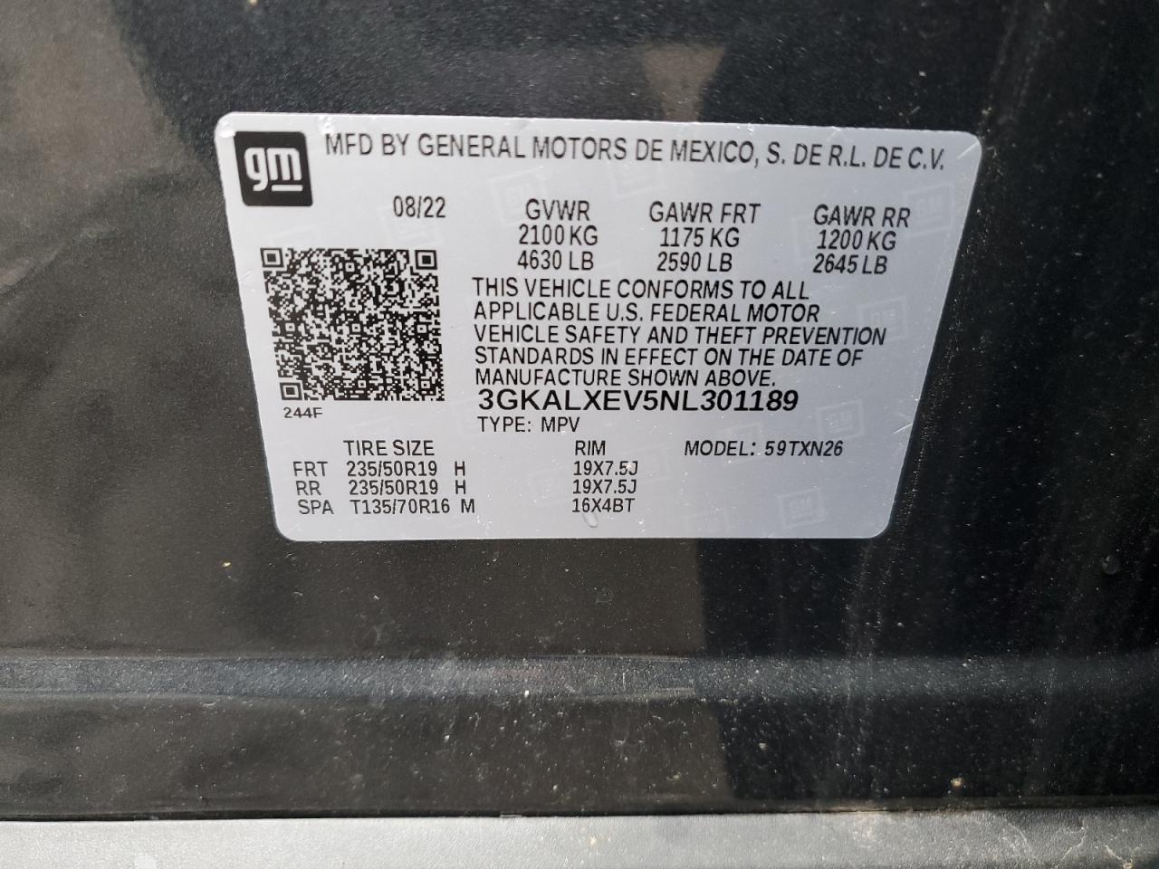 2022 GMC TERRAIN DENALI VIN:3GKALXEV5NL301189