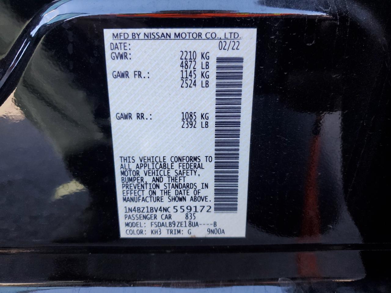 2022 NISSAN LEAF S PLUS VIN:1N4BZ1BV4NC559172