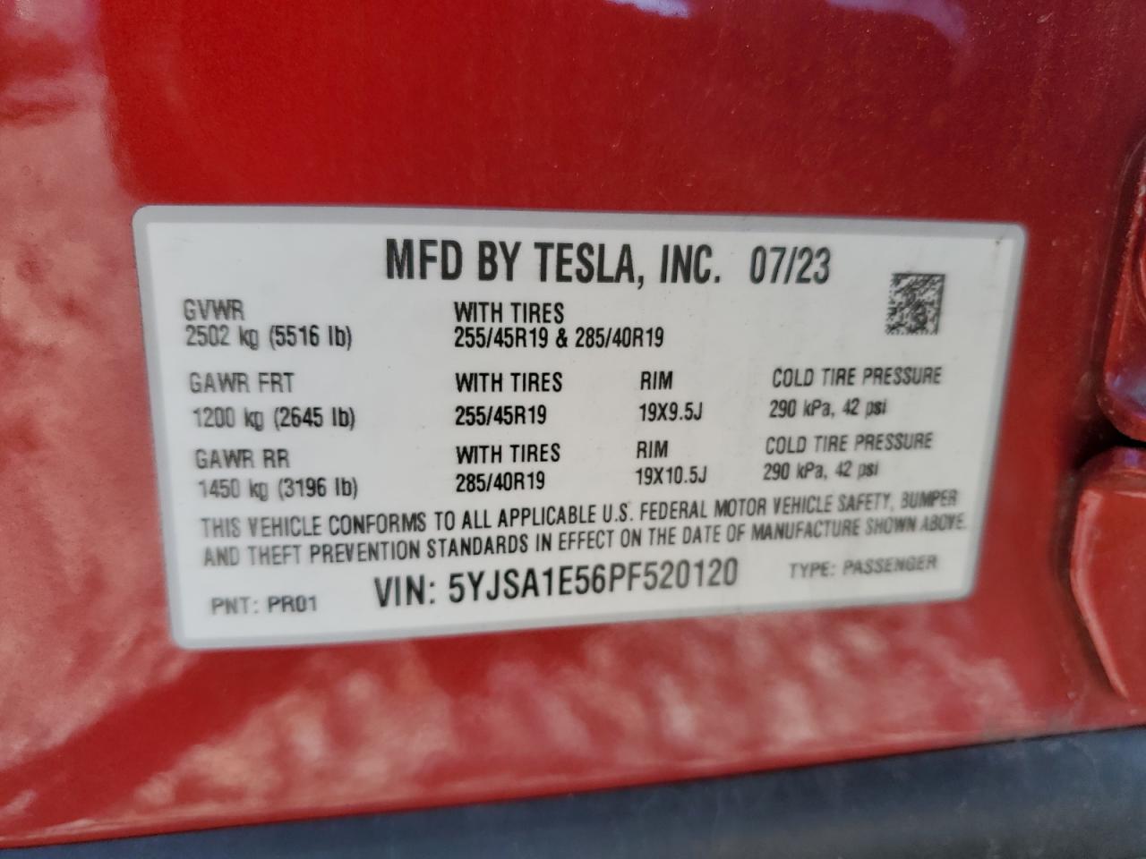 2023 TESLA MODEL S VIN:5YJSA1E56PF520120