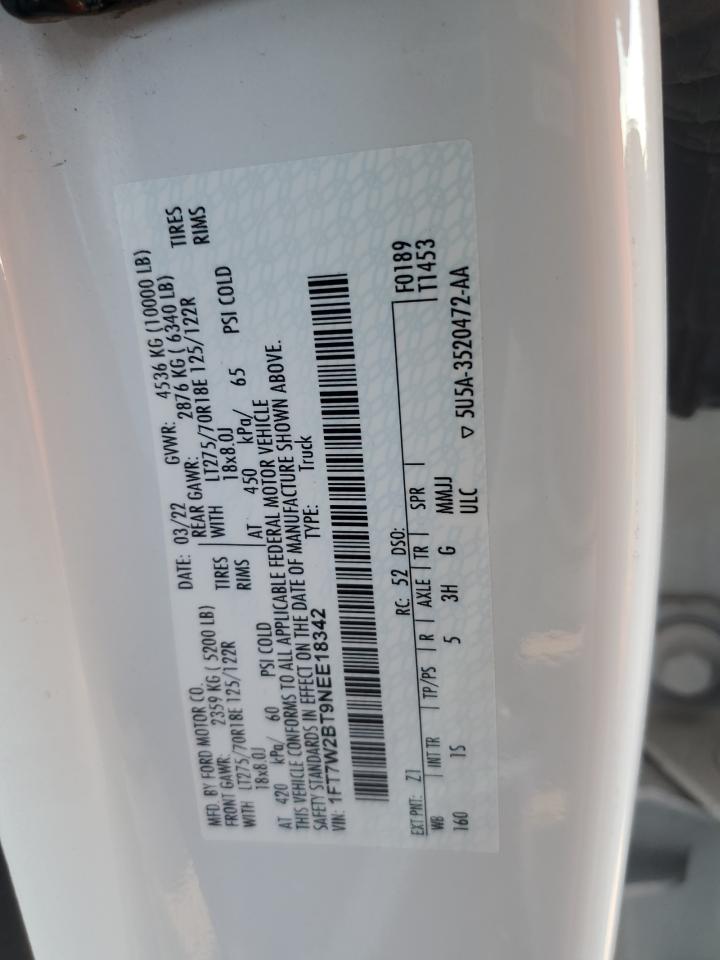 2022 FORD F250 SUPER DUTY VIN:1FT7W2BT9NEE18342