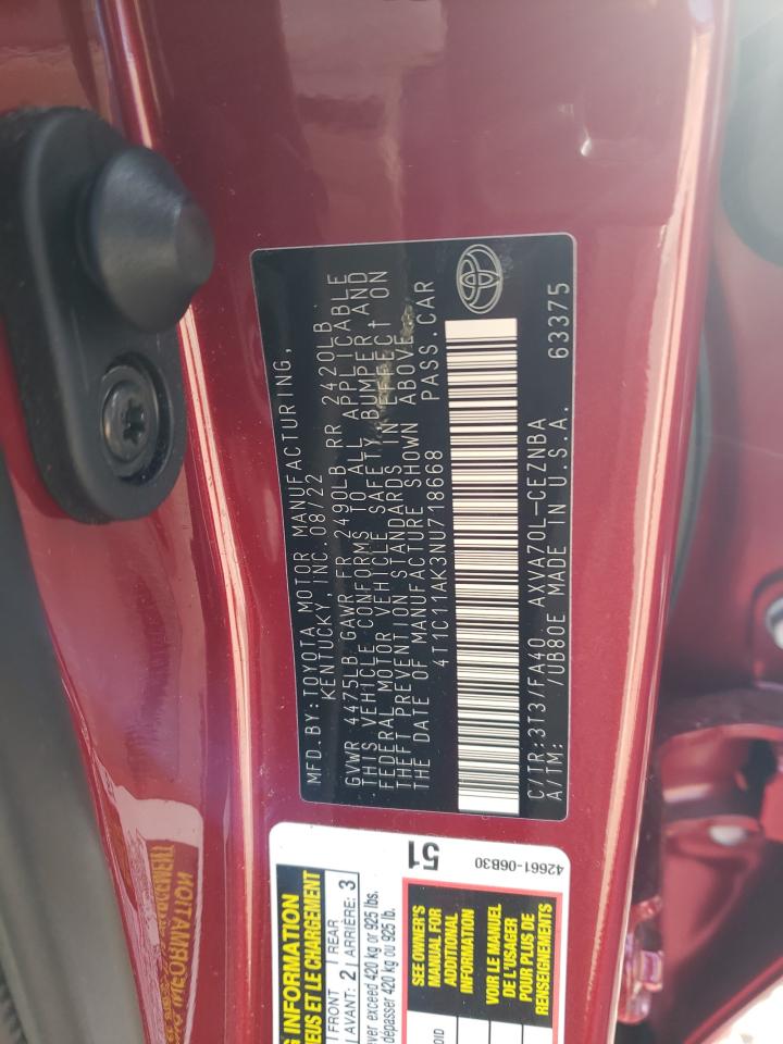 2022 TOYOTA CAMRY LE VIN:4T1C11AK3NU718668