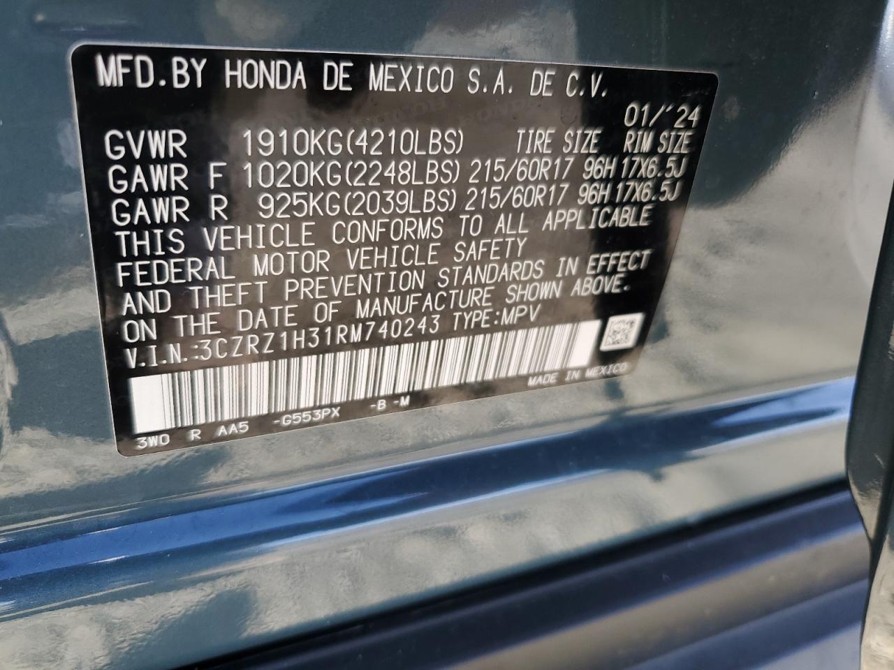 2024 HONDA HR-V LX VIN:3CZRZ1H31RM740243