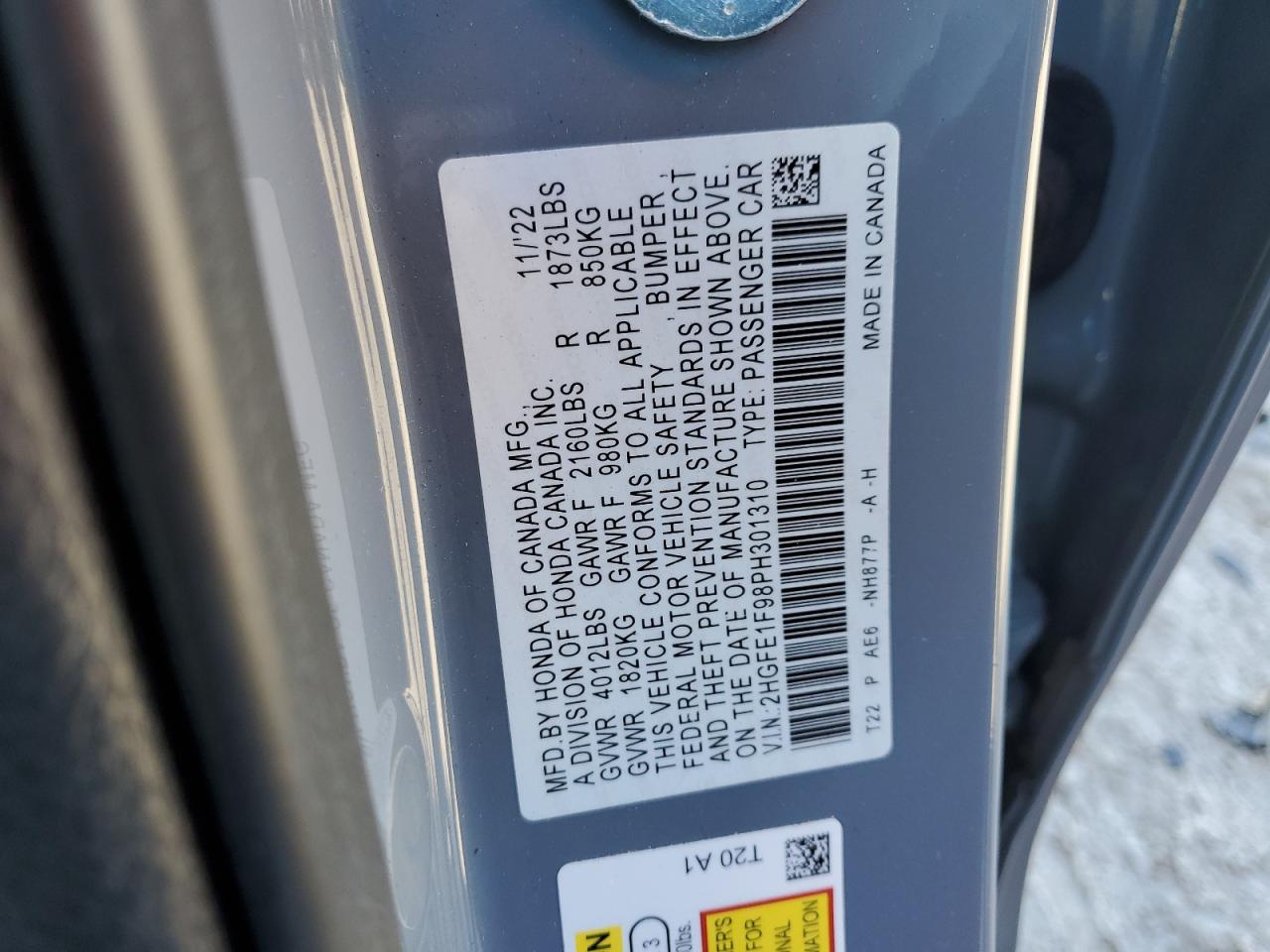 2023 HONDA CIVIC TOURING VIN:2HGFE1F98PH301310