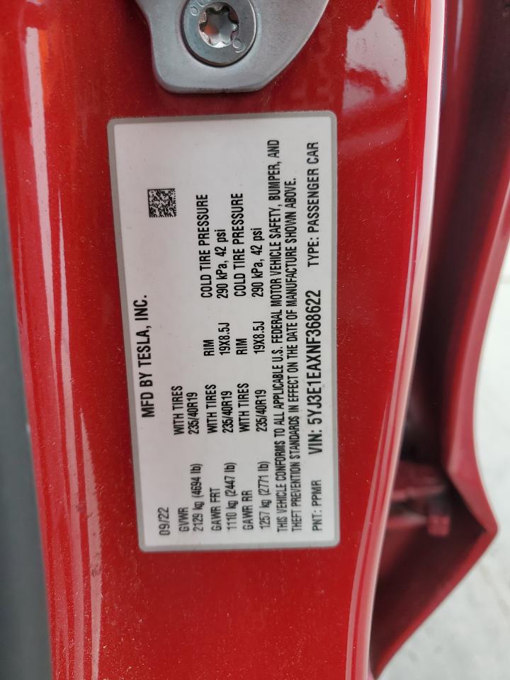 2022 TESLA MODEL 3 VIN:5YJ3E1EAXNF368622