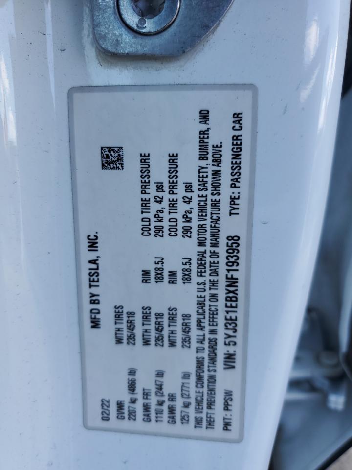 2022 TESLA MODEL 3 VIN:5YJ3E1EBXNF193958