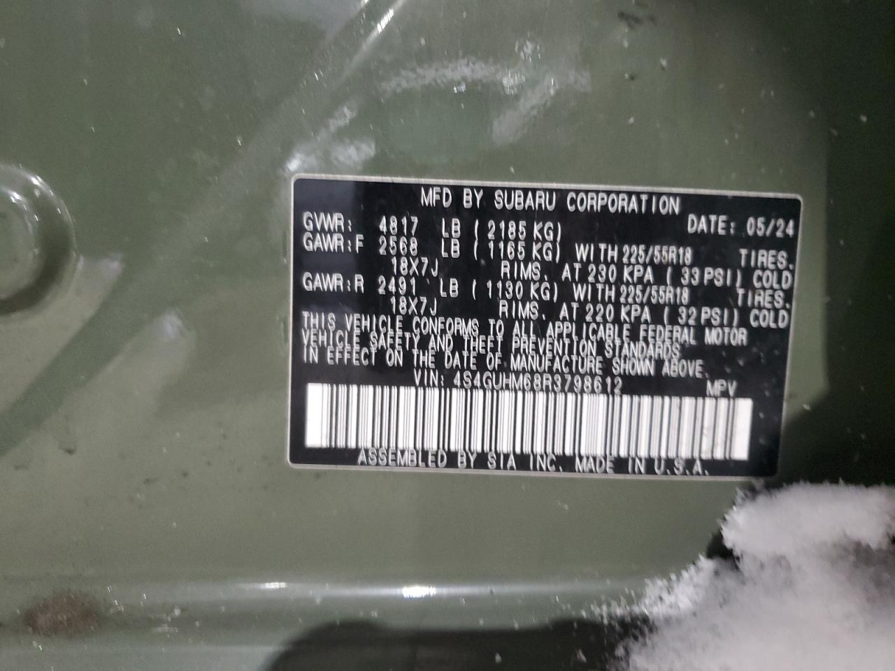 2024 SUBARU CROSSTREK LIMITED VIN:4S4GUHM68R3798612